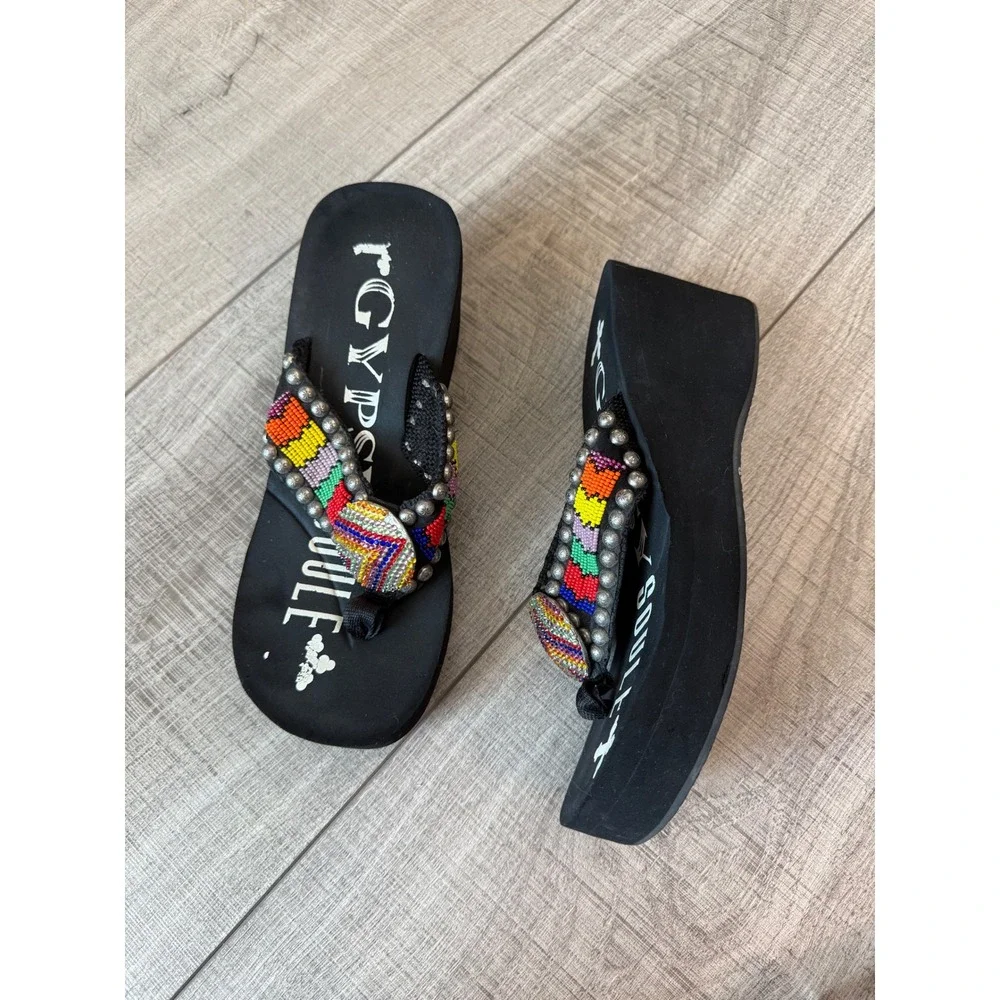 Gypsy Soule Beaded Platform Wedge Flip Flops Y2K Western Boho Sandals 8